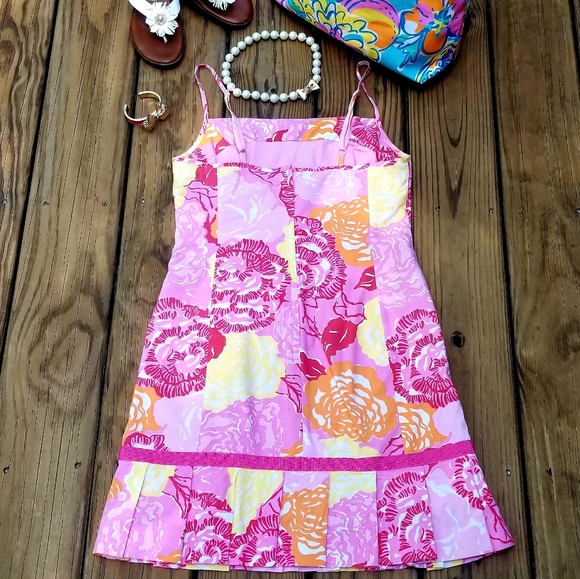 Lilly Pulitzer pink/yellow pleated bow dress 2 - Picture 3 of 10